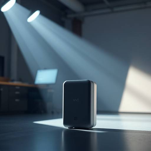 Commercial video thumbnail showing a product demonstration with dynamic lighting and professional presentation.
