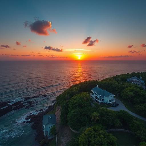 Drone video thumbnail showcasing aerial footage of a coastal property at sunset.
