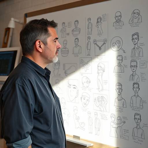 Photo of Mark Brown, Animation Specialist, standing in front of a whiteboard covered in sketches.