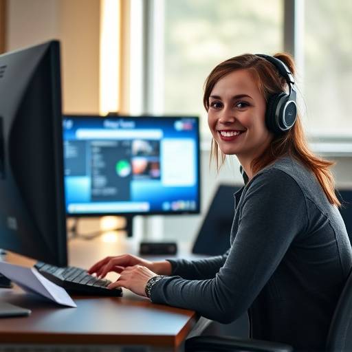Photo of Sarah Jones, Lead Video Editor, sitting at her desk with headphones on, smiling at the monitor.